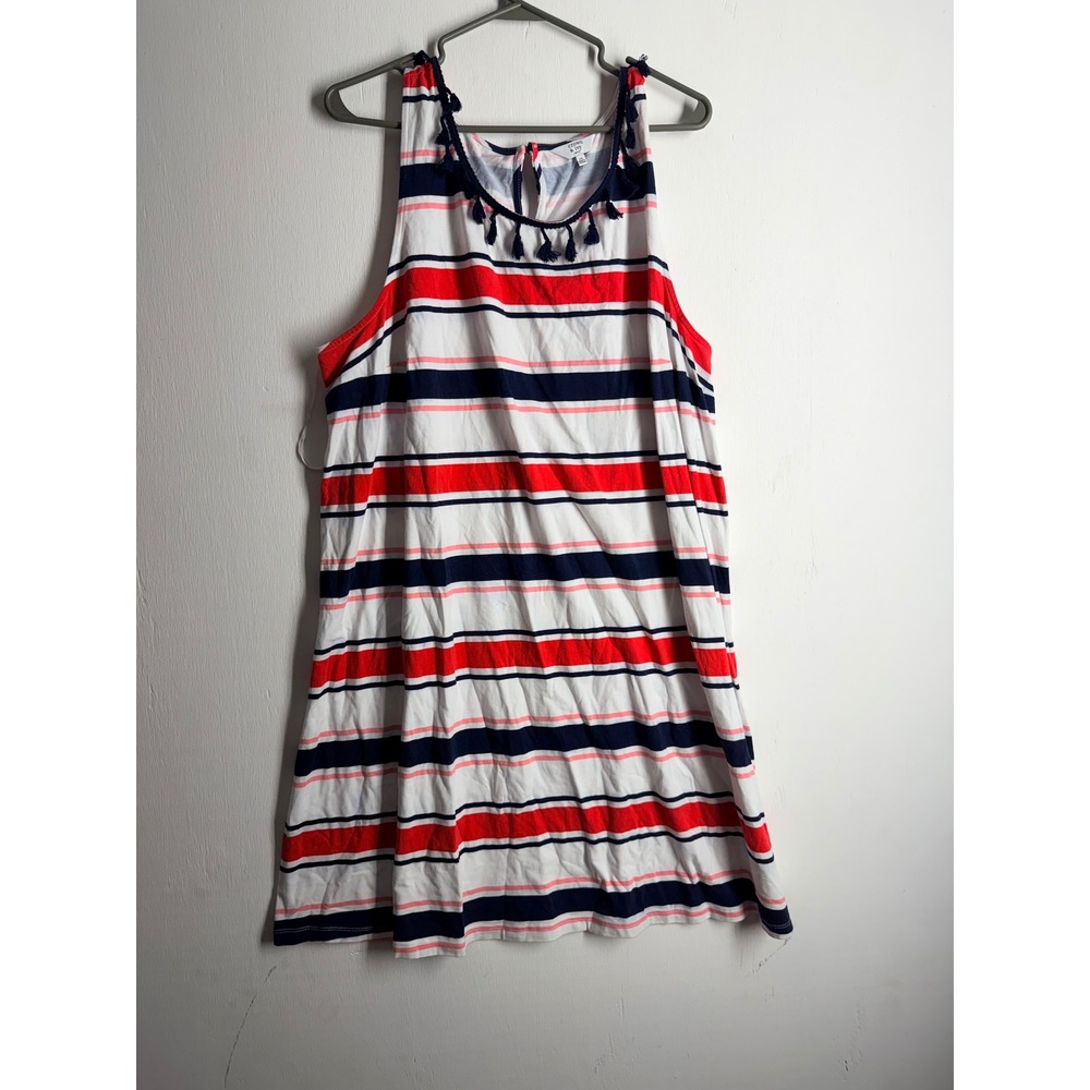 Crown & Ivy Curvy Red Navy Striped Tassel Halter Dress 2X Nautical Summer Knit